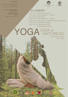 a poster with an image of a woman doing yoga in the woods, and text that reads yoga