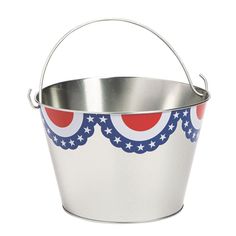 a metal bucket with red, white and blue stars painted on the side in patriotic colors