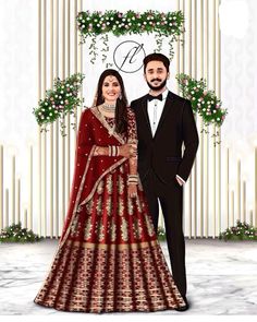 Wedding Patrika, Muslim Wedding Couple, Nikah Couple, Art Cartoon Drawing, Mehndi Event, Illustration Theme, Canva Hack, Bride Fashion Illustration, Couple Illustrations