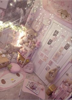 a room filled with lots of stuffed animals next to a dresser and bed covered in lights