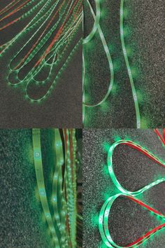 three different images of green and red lights in the shape of scissors with wires attached to them