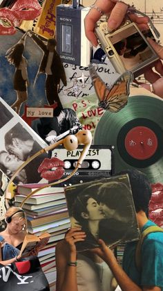 a collage of photos and pictures with people holding records