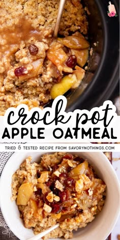 crock pot apple oatmeal with apples in the background and text overlay