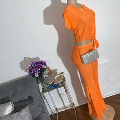 New Lg297 Fitted V-neck Solid Color Sets, Fitted V-neck Sets For Day Out, Fitted Solid Color V-neck Sets, Solid Color Summer Vacation Sets, Solid Color Summer Vacation Set, Orange V-neck Summer Set, Spring Season V-neck Sets For Night Out, Spring V-neck Sets For Night Out, Chic Solid Color Matching Pant Set