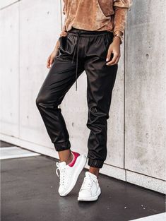 Faux Leather Drawstring Pockets Joggers Leather Leggings Outfits, Faux Leather Joggers, Straight Leg Jeans Outfits, Drawstring Waist Pants, Work Pants Women, Black Leather Leggings, Leather Joggers, Slacks For Women, Joggers Outfit