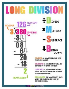 the long division poster with numbers and times to be divided into equals, which are numbered in different colors