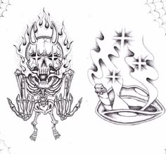 two drawings of skulls, one with a candle and the other with flames