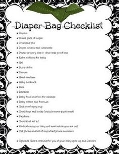 the diaper bag checklist is shown in black and white with green leaves on it