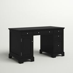 a black desk with two drawers and one drawer on the top, in front of a white background