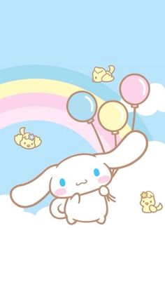 a cartoon bunny with balloons floating in the sky next to a rainbow and other animals