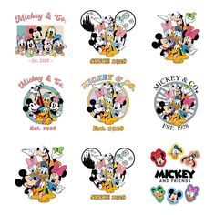 mickey mouse and friends stickers are shown in this image, with the names on them