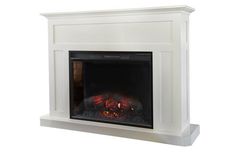 a white fireplace with an electric fire in the center and flames on it's sides