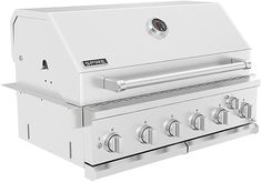 a white gas grill with four burners and two side burners on the front