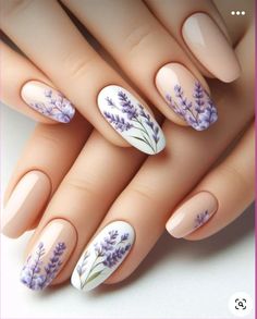 Nail Design Lavender, Nails With Lavender Flowers, Nails Lavender Flower, Cute Nails Lavender, Lavender Flower Nail Art, Lavender Flower Nail Designs, Wedding Nails With Lavender, Nature Nail Art Designs, Lavender Plant Nails