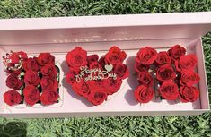 two valentine's day boxes with red roses in the shape of heart and happy birthday written on them