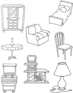 some furniture and lamps are shown in this black and white drawing, with one chair