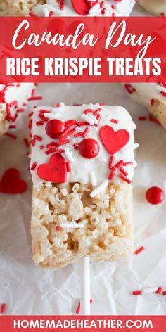 rice krispie treats with white frosting and sprinkles