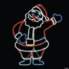 a lit up santa clause standing in front of a black background with red, white and blue lights