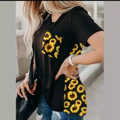 Back In Stock Women’s Sunflower Printed Top Comfortable Stretchy Material Polyester Sunflower Clothes, Shirt Without Collar, Sunflower Things, Sunflower Clothing, Sunflower Ideas, Sunflower Outfit, Sunflower Stuff, Leopard Print Fabric, Leopard Print Shorts