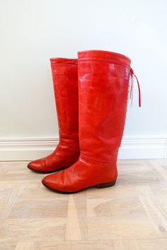 Step up your style game with these bold vintage red leather boots from the 1980s, made in Italy.  EU Size: 38 (7.5 US) Featuring a sleek design and premium craftsmanship, these boots are the perfect blend of retro vibes and timeless elegance. Whether you're going for a bold statement or adding a pop of color to your outfit, these Italian-made boots are a must-have for any fashion lover. ✨  Don't miss out on owning this one-of-a-kind fashion treasure--limited availability! ----------------------- 80s Boots, Statement Boots, Red Leather Boots, Red Boots, Red Vintage, Retro Vibe, Italian Fashion, Boot Shoes Women, Fashion Lover