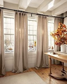 love the combination of the floors, wall color and ceiling color with the airiness of the drapes with black harware...pretty Large Window Treatments, Diy Curtains, Ceiling Windows, A Living Room, Curtains Living Room, My New Room, Home Fashion, The Window