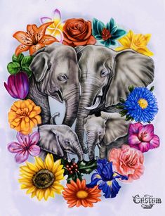 two elephants surrounded by flowers and butterflies