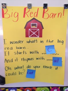 a sign that says big red barn on the side of a wall with magnets attached to it