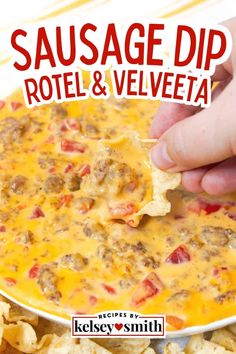 sausage dip with rotel and velveeta in a white bowl on top of tortilla chips