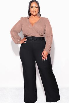 Polyester 95% Spandex 5% Model is wearing 1x Glitter may shed Top is see - through camisole not included Dress Pants With Boots, Christmas Party Fits, Plus Size Formal Wear, Pants With Boots, Plus Size Business Attire, Plus Size Business, Boots Plus Size, Faux Wrap Top, Plus Size Formal