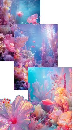 four different pictures of pink and blue corals in the ocean, with fish swimming over them