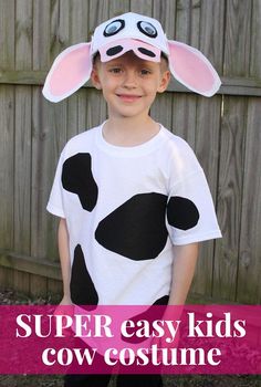 a young boy wearing a cow costume with the words super easy kids's cow costume