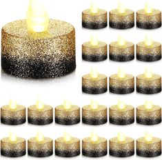 twelve gold and black glitter candles with white lights on each candle holder, set of 12