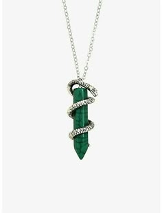 a necklace with a green stone and snake wrapped around the link, on a white background