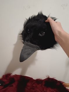 a person is holding a black bird head