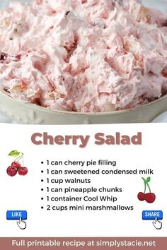 the recipe for cherry salad is shown in an advertisement with information about it's ingredients