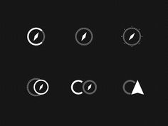 four different types of compasss on a black background, each with an arrow in the center