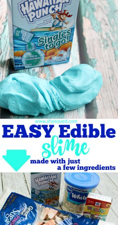 So easy and so fun, you should be able to find everything you need to make this Easy Edible Slime at the Dollar Store! Made with just four ingredients, this slime will be a hit with kids and moms alike because it is affordable, smells great and is made with all edible ingredients! Great for rainy day fun to beat the boredom blues! Slime Activities, Edible Slime, Hawaiian Punch, Rainy Day Fun, Slime Recipe, Glitter Glue, Fun Crafts For Kids, Holiday Activities