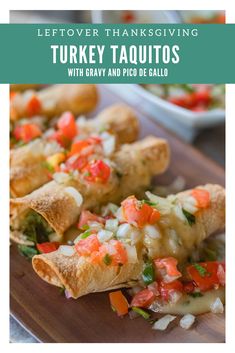 two taquitass on a cutting board with text overlay that reads leftover thanksgiving turkey taquitass with gravy and pico