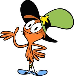 an orange cartoon character wearing a hat and glasses