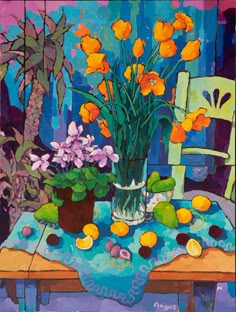 a painting of flowers in a vase on a table with lemons and oranges