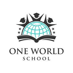 the logo for one world school, which is located on top of an open book