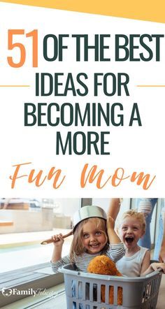 two children sitting in a laundry basket with the words fun mom written on it and an orange