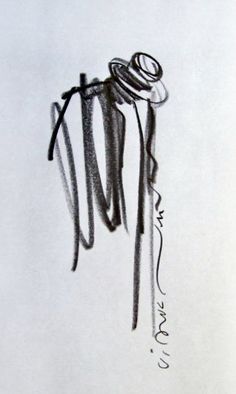 an ink drawing of scissors hanging from a hook with writing on it's side