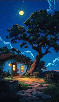 a painting of a house in the woods at night