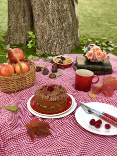 a table topped with a cake next to a cup of coffee and plate of fruit