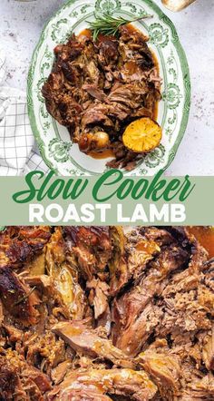 slow cooker roast lamb with oranges and herbs on the side, in a green plate