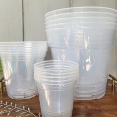 plastic cups are lined up on a wooden table