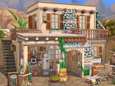 an animated image of a house with lots of plants and furniture in front of it