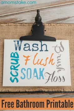 a bathroom sign hanging on the wall next to a clipboard that says wash flush soak