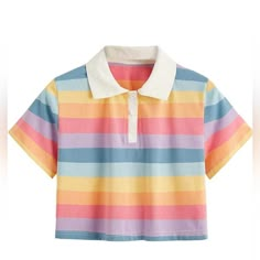 Feature: Collar, Half Placket, Stripe, Rainbow, Polo Crop Tee, Cute Crop Top. Material: Fabric Is Breathable And Comfortable With Some Stretch. Occasion: Suitable For Summer, Sport, Casual Wear, Daily Wear. Cute Cropped T-shirt, Alt Shoes, Anting Manik, Cropped Polo Shirt, Crop Top Tees, Crop Top Outfits, Collars For Women, Streetwear Tshirt, Striped Crop Top